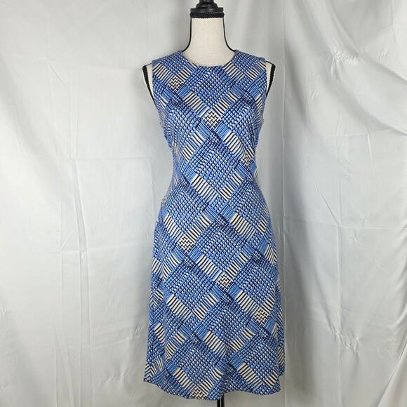J.McLaughlin Sheath Dress Women XS Blue Geometric Sleeveless Stretch Knit Preppy - Picture 1 of 10
